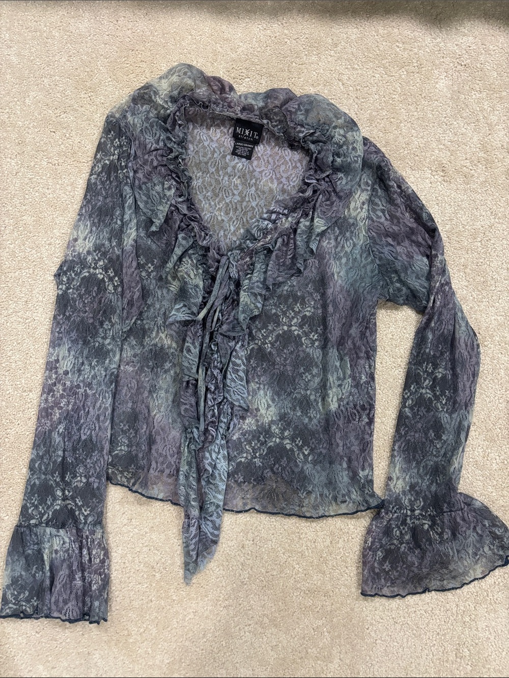 Mix it Stretch Sheer Lace Ruffle Blouse in Blue/Green/Cream - Picture 6 of 7
